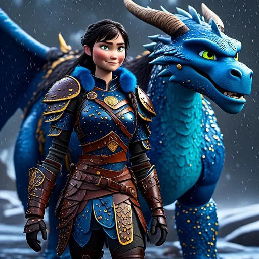 Prompt: <mymodel>CGi Animation, 20-year-old viking woman with blue eyes, a rainy scene, she is standing next to a bright blue dragon with gold highlights, they are both in the rain, the viking woman has a subtle smile, black hair with two pigtail braids, she has blue gear, gold armor, black pants, black boots
