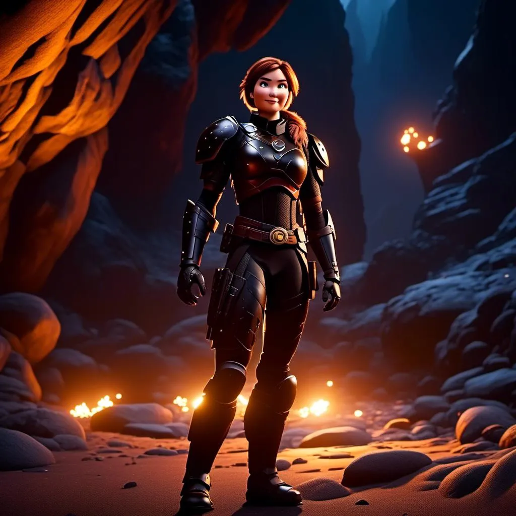 Prompt: <mymodel>25-year-old viking woman, subtle smile, light blue eyes, black gear, bright black armor, wearing an iron-man like suit of armor, black textures and highlights, standing in the shadows of the a dark cave at night, short focus, blurry background, moonlit scene, unreal engine 8k octane, 3d lighting, full body, full armor