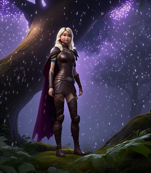 Prompt: <mymodel>CGI Animation, digital art, 20-year-old-old caucasian viking woman with light blue eyes, it is raining, she is of royalty standing at night next to a tree with her hands resting on the bark, she is in a dimly lit thick forest with trees everywhere, dense fog, {{black gear, purple armor}}, purple hair, single braid down her shoulder with a tiara, subtle smile, unreal engine 8k octane, 3d lighting, close up camera shot on the face, full armor