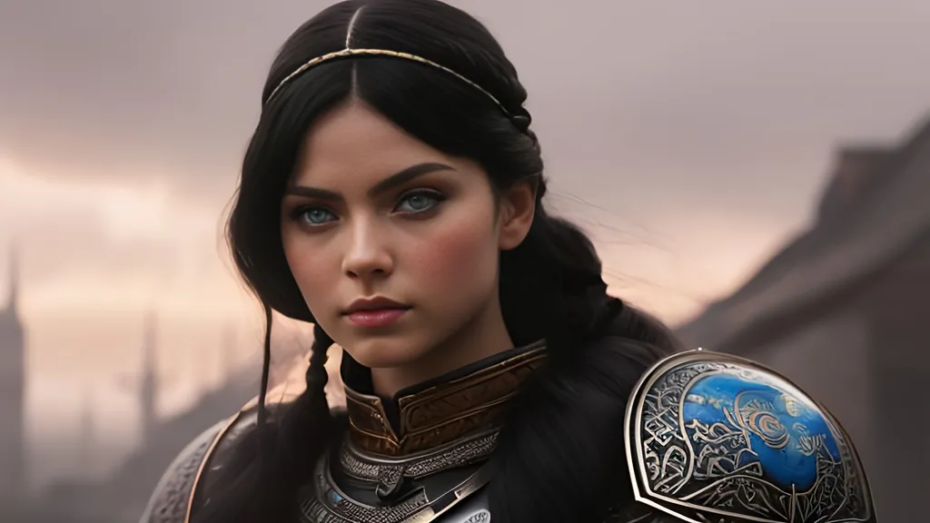 Prompt: she has black hair, create most beautiful fictional female viking princess warrior, black hair, light blue eyes, extremely detailed environment, detailed background, intricate, detailed skin, professionally color graded, photorealism, 8k, moody lighting