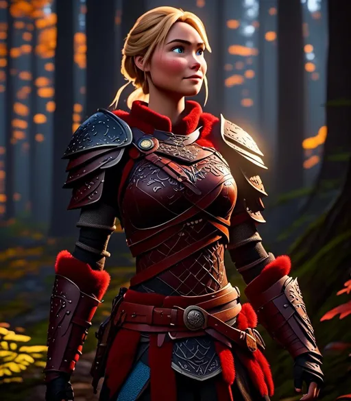 Prompt: <mymodel>CGI Animation, digital art, 20-year-old-old viking woman with light blue eyes standing in a dimly lit forest, blue assassin's creed clothes, red colored armor, blonde straight hair, subtle smile, unreal engine 8k octane, 3d lighting, cinematic lighting, camera shot of full armor from head to toe