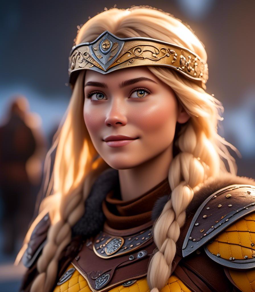 Prompt: <mymodel>CGI Animation, digital art, 20-year-old-old viking woman with light blue eyes, yellow clothes, gold colored armor, blonde straight hair, a mask on her eyes, subtle smile, unreal engine 8k octane, 3d lighting, close up camera shot on the face, full armor