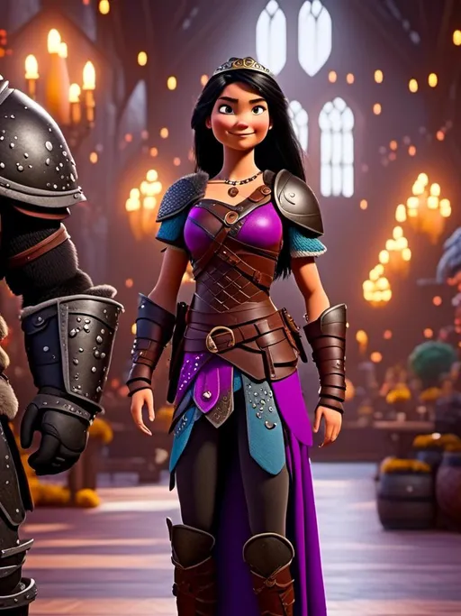 Prompt: <mymodel>CGI Animation, digital art, 20-year-old-old viking woman of royalty standing in The Great Hall on the Isle of Berk, light blue eyes, {{black gear, purple armor}}, black hair, single braid down her shoulder with a tiara, subtle smile, unreal engine 8k octane, 3d lighting, close up camera shot on the face, full armor