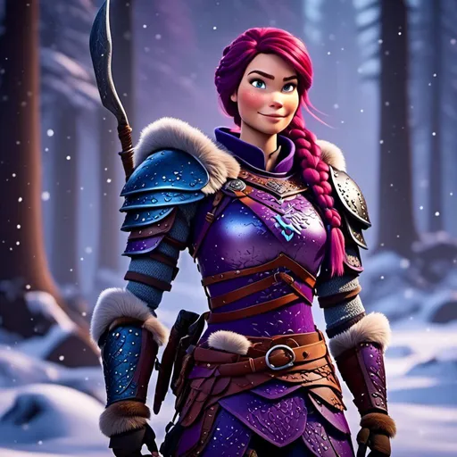 Prompt: <mymodel>a female viking warrior with purple hair standing in a snowy forest, light blue eyes, single braid down shoulder, purple armor, subtle smile, full body, cool tones, dramatic lighting, simple details