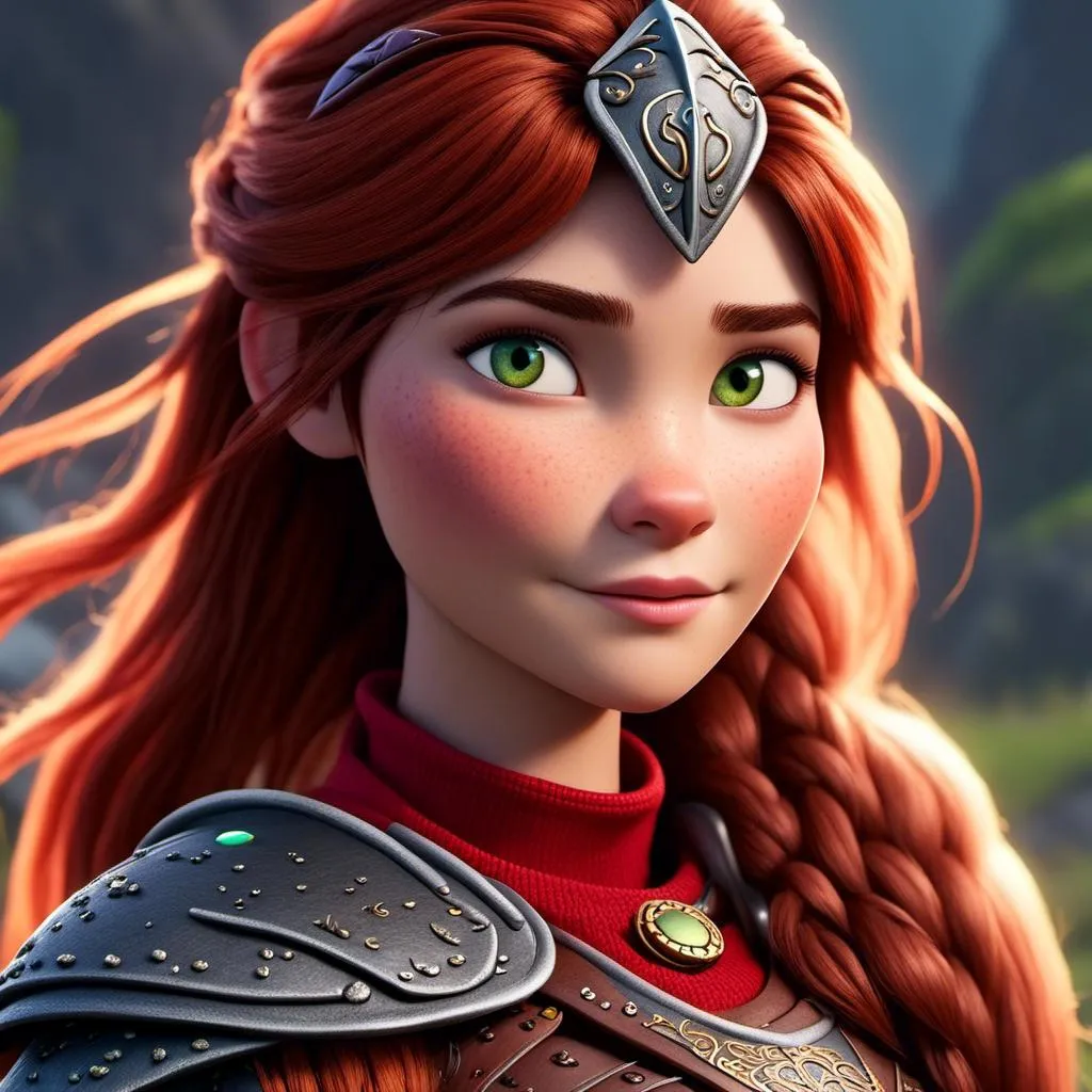 Prompt: <mymodel>CGI Animation of a viking female, brown hair, bright red gear and armor, yellow highlights and textures, green eyes, intricate details, high quality, digital painting, cool tones, dramatic lighting