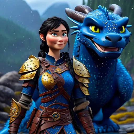 Prompt: <mymodel>CGi Animation, 20-year-old viking woman with blue eyes, a rainy scene, she is standing next to a bright blue dragon with gold highlights, they are both in the rain, the viking woman has a subtle smile, black hair with two pigtail braids, she has blue gear, gold armor, black pants, black boots