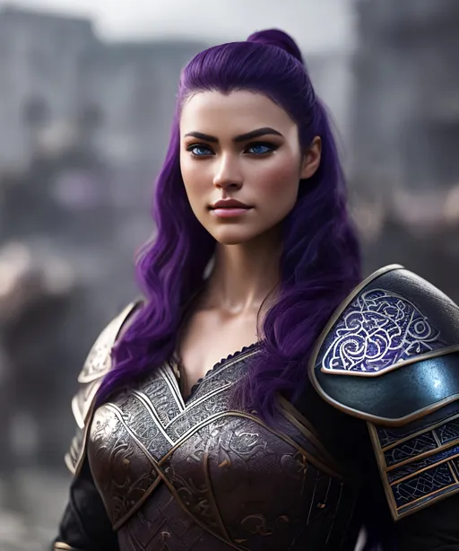 Prompt: she has dark purple hair, create most beautiful fictional female viking warrior, dark purple hair, light blue eyes, battle gear, full armor, extremely detailed environment, detailed background, intricate, detailed skin, professionally color graded, photorealism, 8k, moody lighting