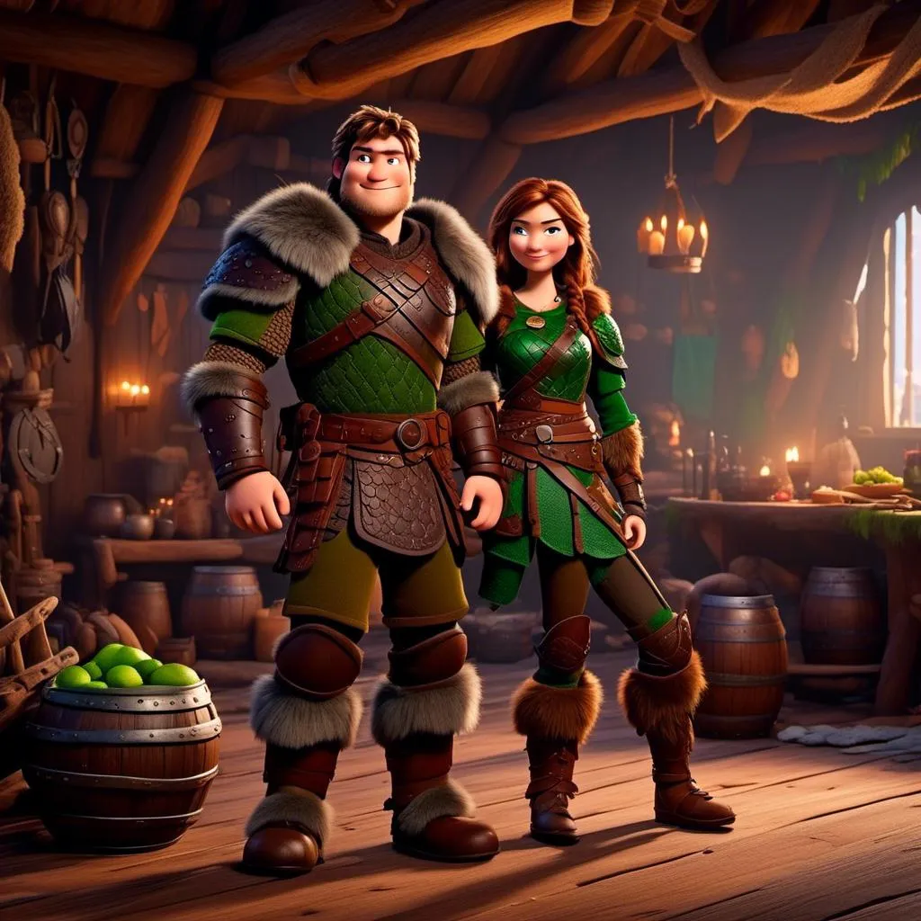 Prompt: <mymodel>Male viking warrior, standing in viking house, brown semi-wavy hair, green eyes, green armor, brown gear, brown pants, brown boots, historical, strong and natural lighting