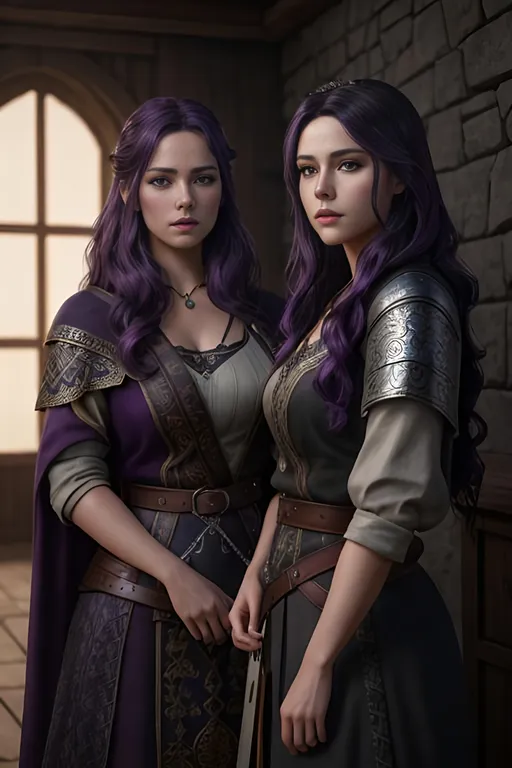 Prompt: create two of the most beautiful fictional female viking princesses one with dark purple hair and the other with black hair, extremely detailed environment, detailed background, intricate, detailed skin, professionally color graded, photorealism, 8k, moody lighting