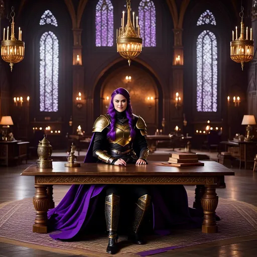 Prompt: Photo of <mymodel> sitting at a table in The Great Hall
