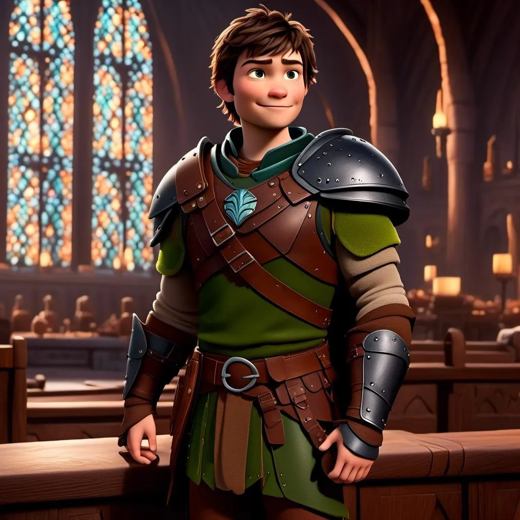 Prompt: <mymodel> viking man, lawyer, thin, small stature, standing in The Great Hall, medium length brown hair, brown eyes, no armor, European-like brown gear, brown leather vest, long sleeve green shirt underneath the brown leather vest, black highlights on his clothes, brown pants, brown boots, historical, strong and natural lighting