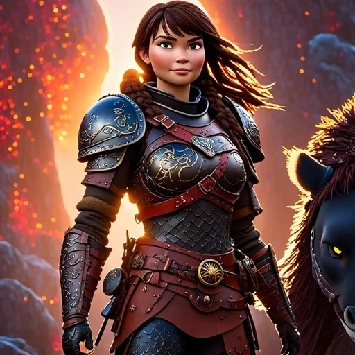 Prompt: <mymodel>CGI Animation of a viking female, brown hair in her face, hazel eyes, bright red gear and armor, she has heavy gauntlets on her hands with armored gloves, yellow highlights and textures, standing in a viking village, intricate details, high quality, digital painting, cool tones, dramatic lighting