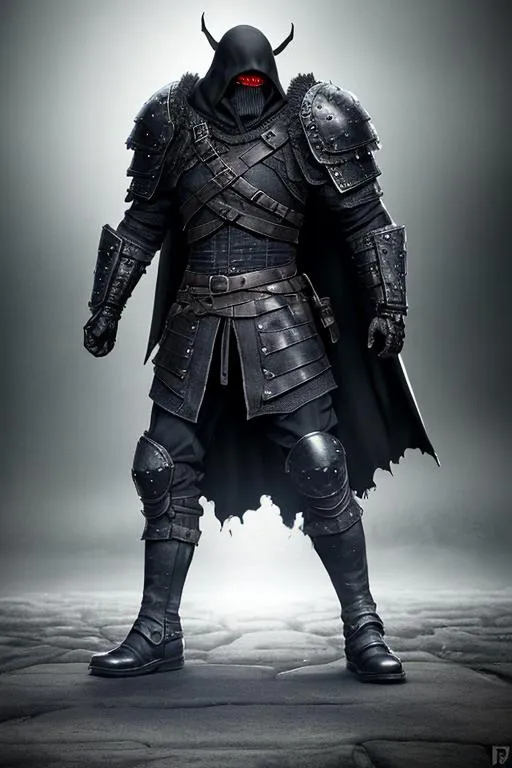 Prompt: Digital Art, a sinister viking man, black armor, a long black cloak down to the feet, an armored mask, black gear, a black helmet fully covering his face, black bracers, black pants, black boots, unreal engine 16k octane, 3d lightning