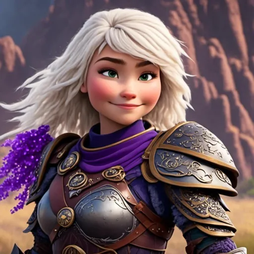 Prompt: a photo of <mymodel>, a caucasian white viking female with purple gear and armor