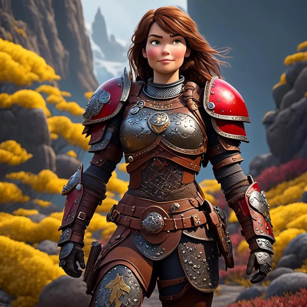 Prompt: <mymodel>CGI Animation of a viking female, brown hair in her face, hazel eyes, bright red gear and light armor, yellow highlights and textures, full light body armor, she has heavy gauntlets on her hands with armored gloves, standing in a viking village, intricate details, high quality, digital painting, cool tones, dramatic lighting