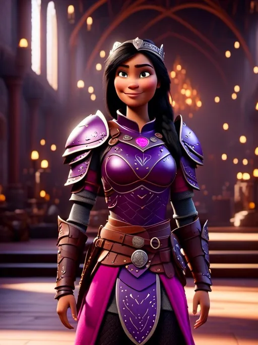 Prompt: <mymodel>CGI Animation, digital art, 20-year-old-old viking woman of royalty standing in The Great Hall on the Isle of Berk, {{purple gear, pink armor}}, black hair, straight hair with a tiara, subtle smile, unreal engine 8k octane, 3d lighting, close up camera shot on the face, full armor