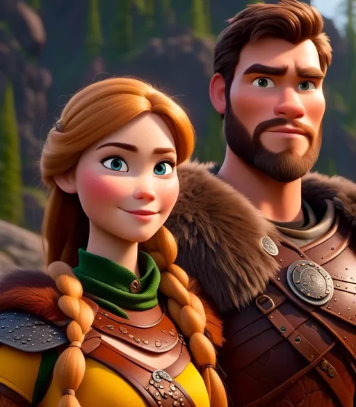 Prompt: <mymodel>CGI Animation, digital art, 20-year-old-old viking woman with light blue eyes standing with her older brother of brown hair and green eyes and young sister of brown hair and brown eyes, yellow clothes, gold colored armor, blonde straight hair, subtle smile, unreal engine 8k octane, 3d lighting, close up camera shot on the face, full armor