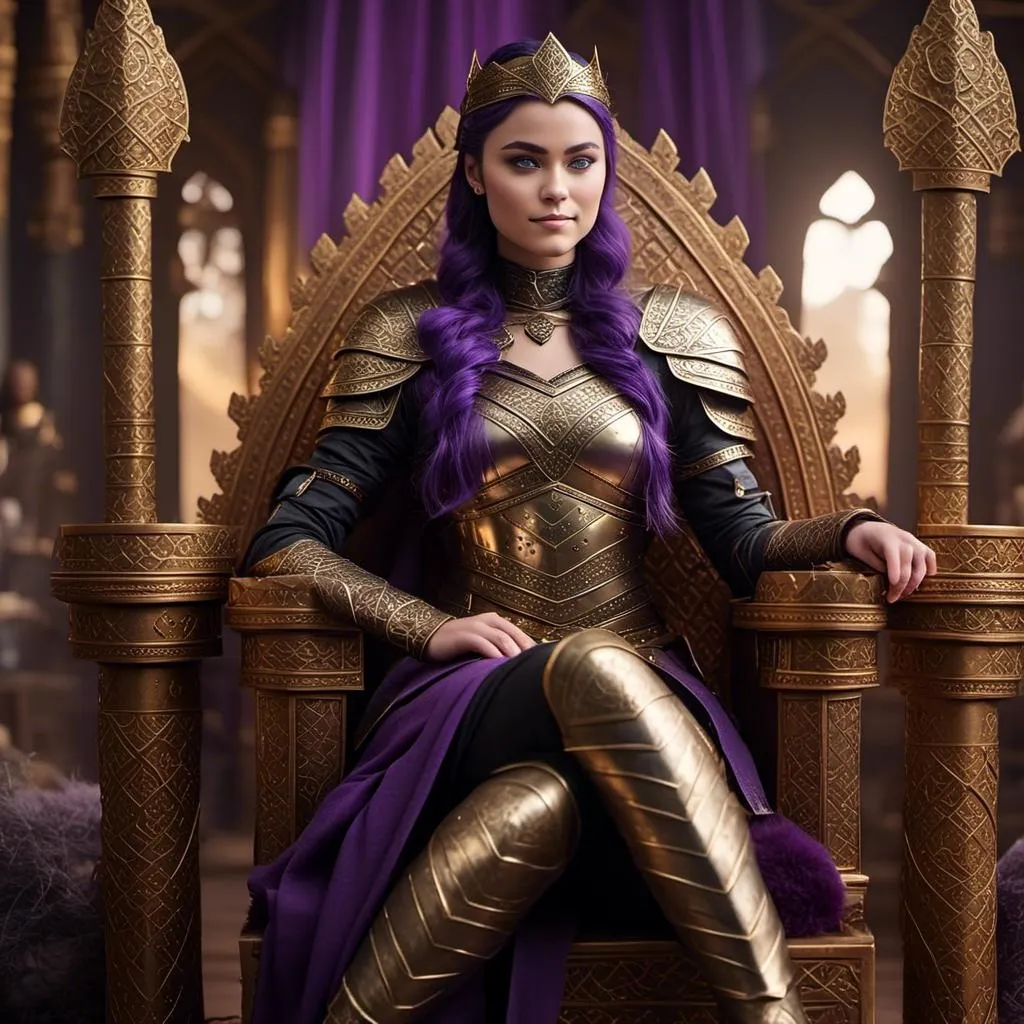 Prompt: A photo of <mymodel> sitting on her throne of her land