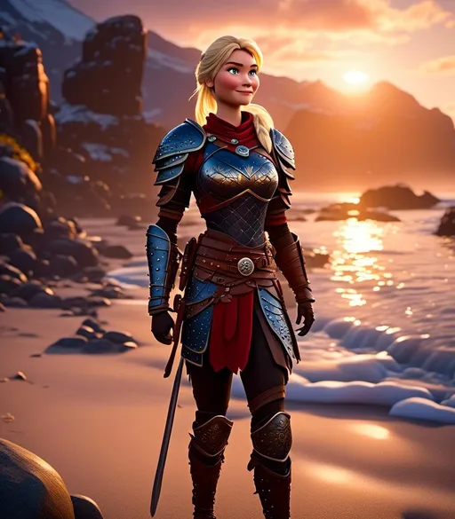 Prompt: <mymodel>CGI Animation, digital art, 20-year-old-old viking woman with light blue eyes standing around several hot springs on a beach, sunset lighting, blue clothes, blue colored armor, blonde straight hair, subtle smile, unreal engine 8k octane, 3d lighting, cinematic lighting, camera shot of full armor from head to toe