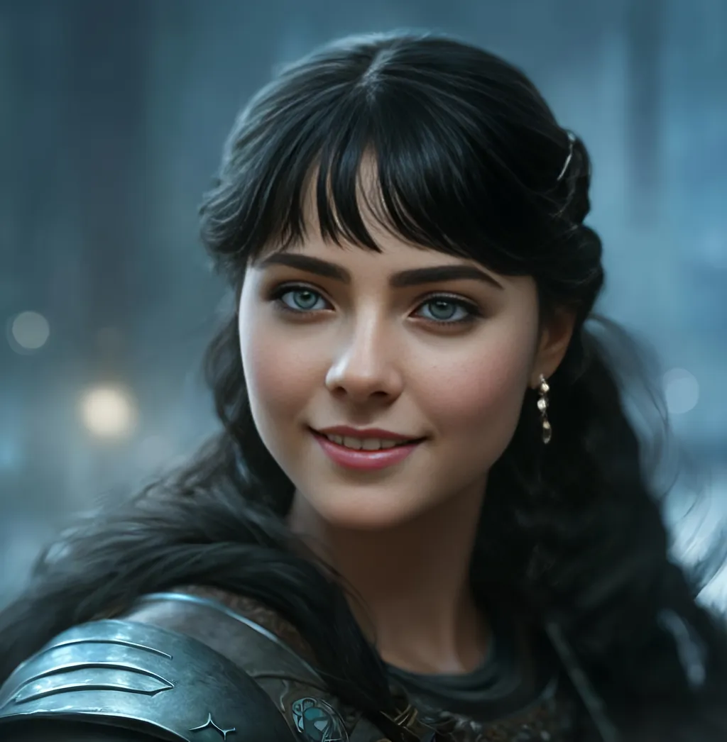 Prompt: she has black hair, create most beautiful fictional female viking warrior, hopeful smile, black hair, light blue eyes, extremely detailed environment, detailed background, intricate, detailed skin, professionally color graded, photorealism, 8k, moody lighting