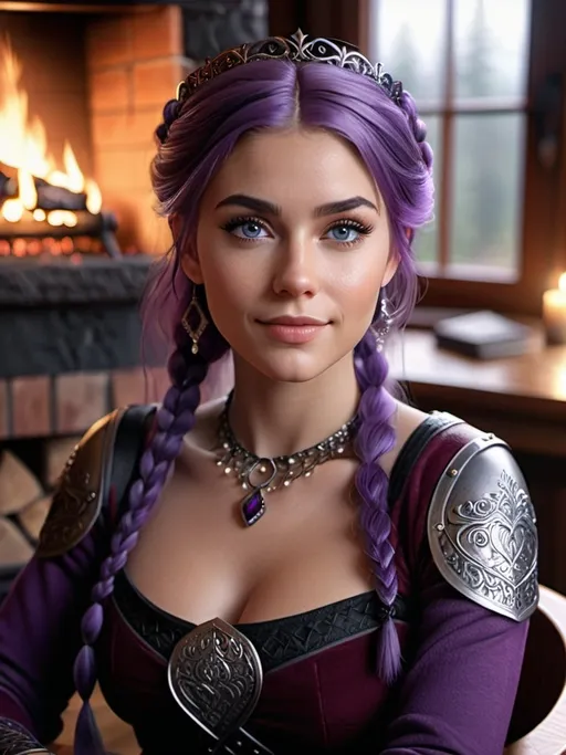 Prompt: <mymodel>CGI Animation, digital art, 20-year-old-old viking woman of royalty sitting at a desk in her home in the living room next to the fireplace, light blue eyes, {{black gear, purple armor}}, purple hair, single braid down her shoulder with a tiara, subtle smile, unreal engine 8k octane, 3d lighting, close up camera shot on the face, full armor