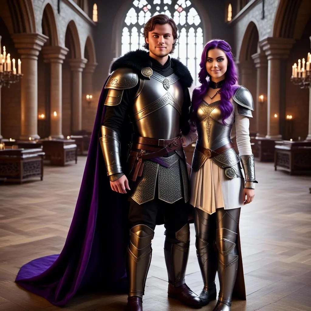 Prompt: Photo of <mymodel> standing in The Great Hall from How to Train Your Dragon with her husband Jarl Everson who is 24-years old who has brown (((short))) wavy hair