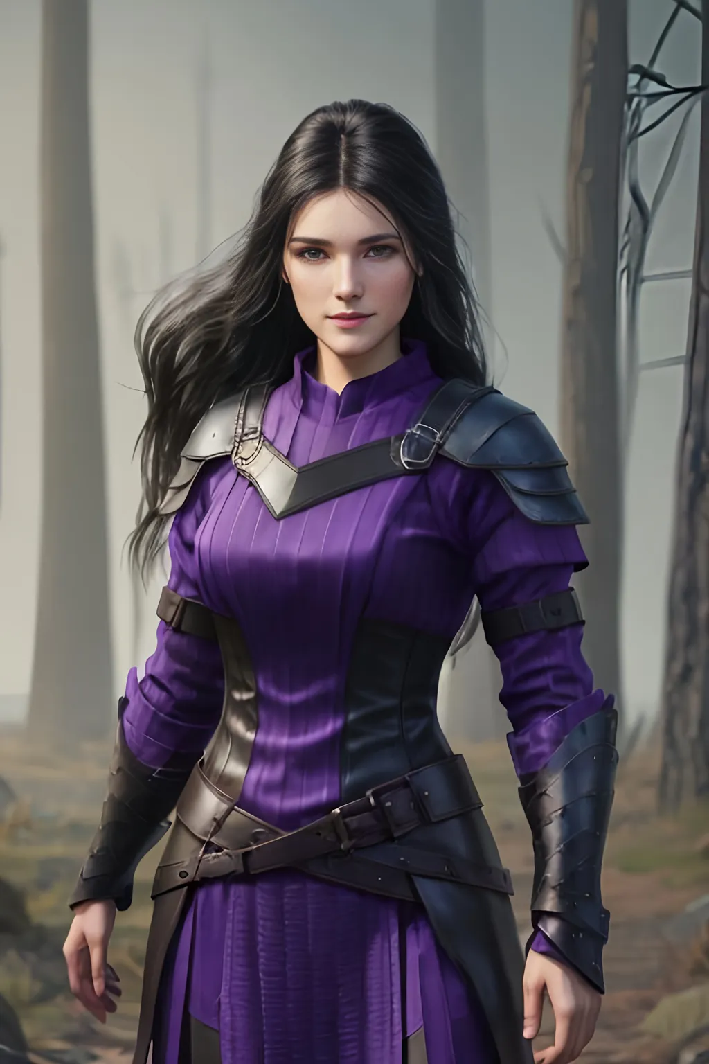 Prompt: Digital Art, 25-year-old viking woman, purple gear, purple clothes, subtle smile, black straight hair, dark purple eyes, a dark purple long-sleeve shirt, textured skirt down to knees, dark purple pants, dark purple armor, long black hair with volume, middle part in hair, leather boots, dark purple gear, unreal engine 64k octane, hdr, 3d lighting, full body, full armor