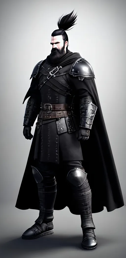 Prompt: Digital Art, a sinister viking man, black armor, black helmet, black visvor for helmet, black gear, with a long black ponytail coming from the helmet, a long black cloak, black bracers, black pants, black boots, unreal engine 8k octane, 3d lightning