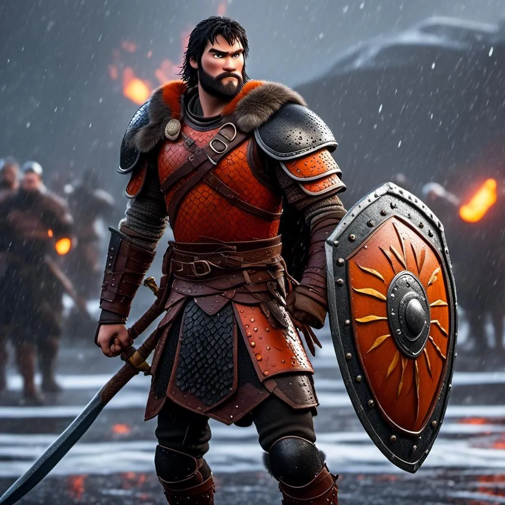 Prompt: <mymodel>Animated CGI style of a fierce Viking male about 25 years old, black hair, detailed facial features, leather armor {{((red))}} and orange armor, battle axe and shield, standing in the rain, intense and determined expression, dynamic and powerful pose, CGI, fierce male, Nordic designs, battle-ready, dynamic pose, professional lighting