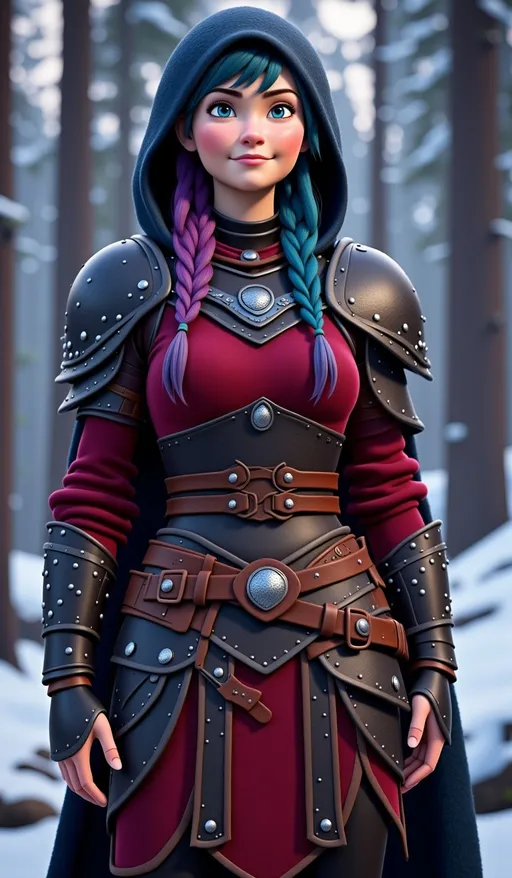 Prompt: <mymodel>CGI Animation, digital art, 20-year-old-old viking woman with violet eyes, Dark red Long sleeve shirt, skirt with dragon teeth on it, wears the snow wraith hood, ((dark dark blue hair with teal, pink and purple streaks)), standing snowy forest, subtle smile, unreal engine 8k octane, 3d lighting, close up camera shot on the face, full armor