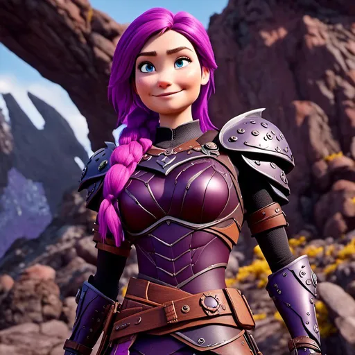 Prompt: <mymodel>CGi Animation, 20-year-old viking woman with one hair braid, caucasian, subtle smile, purple hair, light blue eyes, {{black gear, purple armor}}, white textures and highlights, unreal engine 8k octane, 3d lighting, full body, full armor