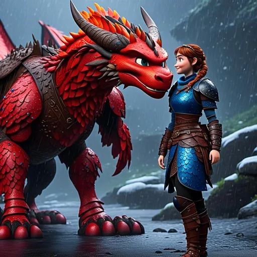 Prompt: <mymodel>CGi Animation, 20-year-old viking woman with blue eyes, a rainy scene, she is standing next to a bright red dragon with blue highlights, they are both in the rain, the viking woman has a subtle smile, brown hair with two pigtail braids, she has red gear, blue armor, black pants, black boots