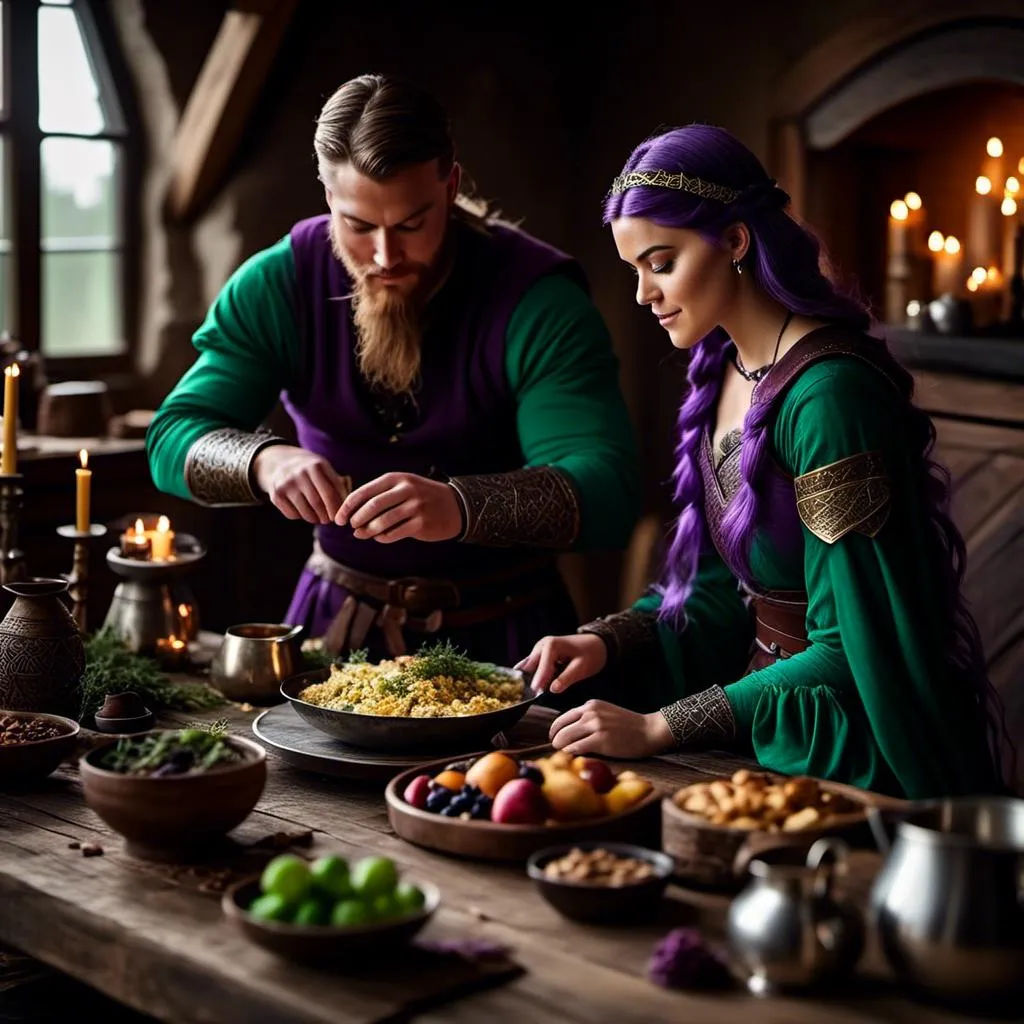 Prompt: Photo of a young <mymodel> setting the supper table with her husband a young Jarl Mollerson with green clothes in their viking house