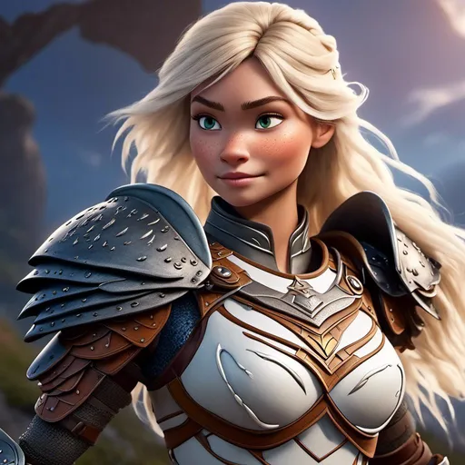 Prompt: <mymodel>Animated CGI style of a fierce Caucasian white Viking female about 25 years old, blond hair, detailed facial features, leather armor with intricate Nordic designs, battle axe and shield, intense and determined expression, dynamic and powerful pose, high definition, CGI, detailed armor, fierce female, Nordic designs, battle-ready, dynamic pose, professional lighting