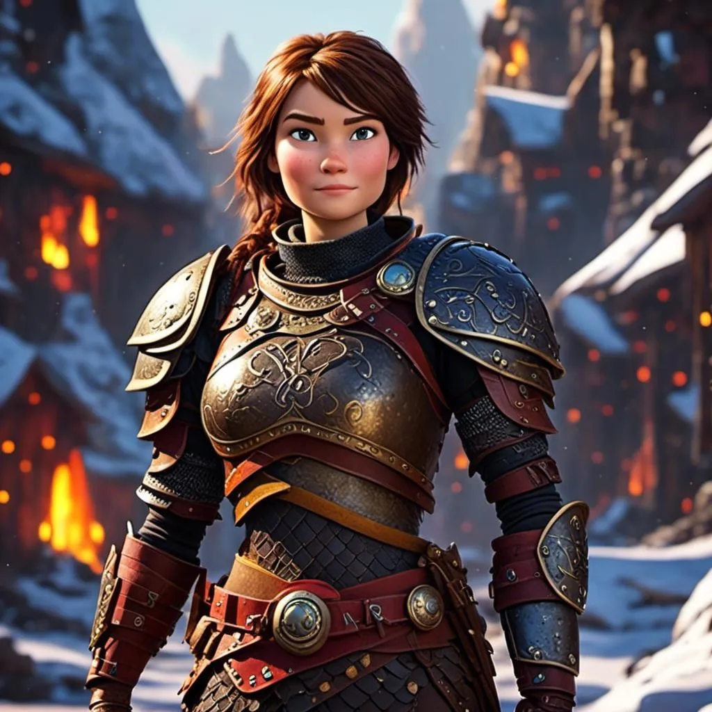 Prompt: <mymodel>CGI Animation of a viking female, brown hair in her face, hazel eyes, bright red gear and armor, yellow highlights and textures, full body armor, she has heavy gauntlets on her hands with armored gloves, standing in a viking village, intricate details, high quality, digital painting, cool tones, dramatic lighting