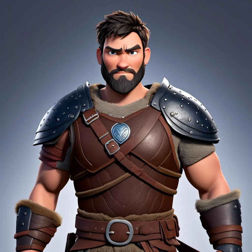 Prompt: <mymodel>Animated CGI style of a fierce ((Caucasian Viking male)) with black hair topknot with fade, intense gaze, realistic clothing textures, high quality, CGI, realistic, intense gaze, viking, male, Caucasian, detailed facial features, highres, professional, intense lighting