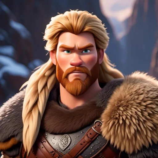 Prompt: <mymodel>Animated CGI style of a fierce Caucasian Viking with blonde hair, intense gaze, realistic fur and clothing textures, high quality, CGI, realistic, intense gaze, viking, male, Caucasian, detailed facial features, fur textures, highres, professional, intense lighting