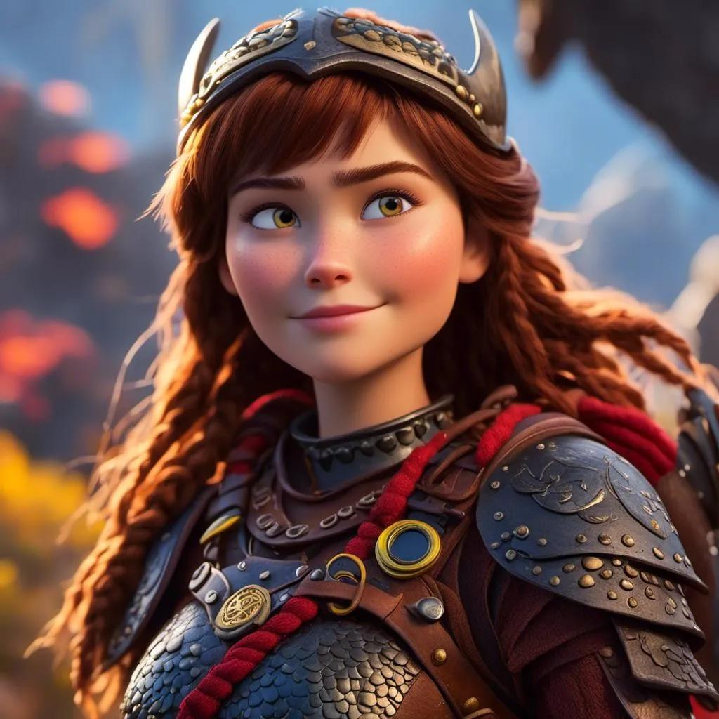 Prompt: <mymodel>CGI Animation of a viking female, brown hair, hazel eyes, bright red gear and armor, yellow highlights and textures, intricate details, high quality, digital painting, cool tones, dramatic lighting