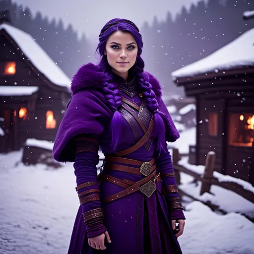 Prompt: Photo of <mymodel> with a heavy purple fur coat wearing a hood with a purple fur edge, she is in a viking village standing as snow falls, ((she has a single braid down her shoulder))