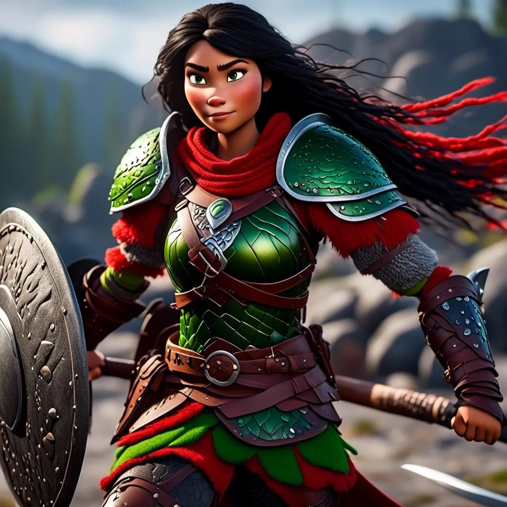 Prompt: <mymodel>Animated CGI style of a fierce Viking female about 25 years old, black hair, detailed facial features, leather armor {{((red))}} and green armor, battle axe and shield, intense and determined expression, dynamic and powerful pose, high definition, CGI, detailed armor, fierce female, Nordic designs, battle-ready, dynamic pose, professional lighting