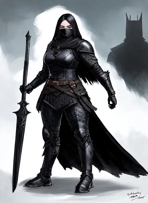 Prompt: Digital art, character of a sinister Viking woman wearing black armor, a long black cloak down to the feet, and an armored mask. The character is stocky and has a muscular build. The character should also be wearing a black helmet that fully encases her head, with no part of her face or eyes visible. The black helmet should have a ponytail holder that supports an artificial ponytail, made of synthetic fibers or any material you choose, coming out from the back.  Unreal Engine 8K Octane.  3d lighting.
