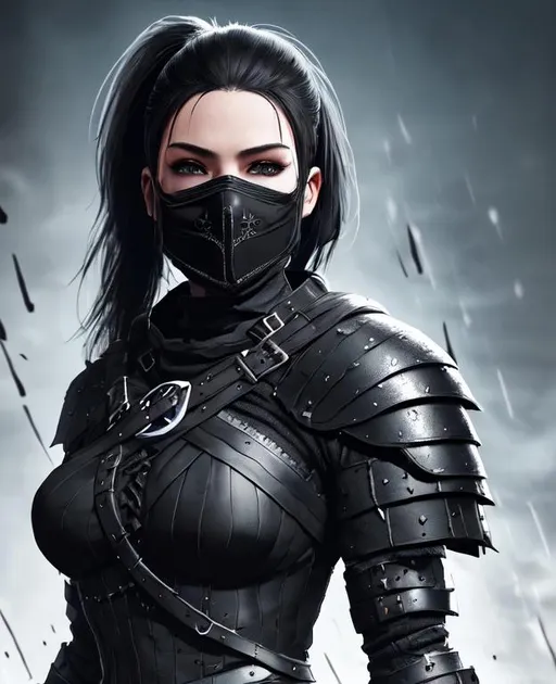 Prompt: Digital Art, a sinister viking woman, black armor, black gear, black mask  fully covering face, with black ponytail coming from mask, black cape, black bracers, black pants, black boots, unreal engine 8k octane, 3d lightning