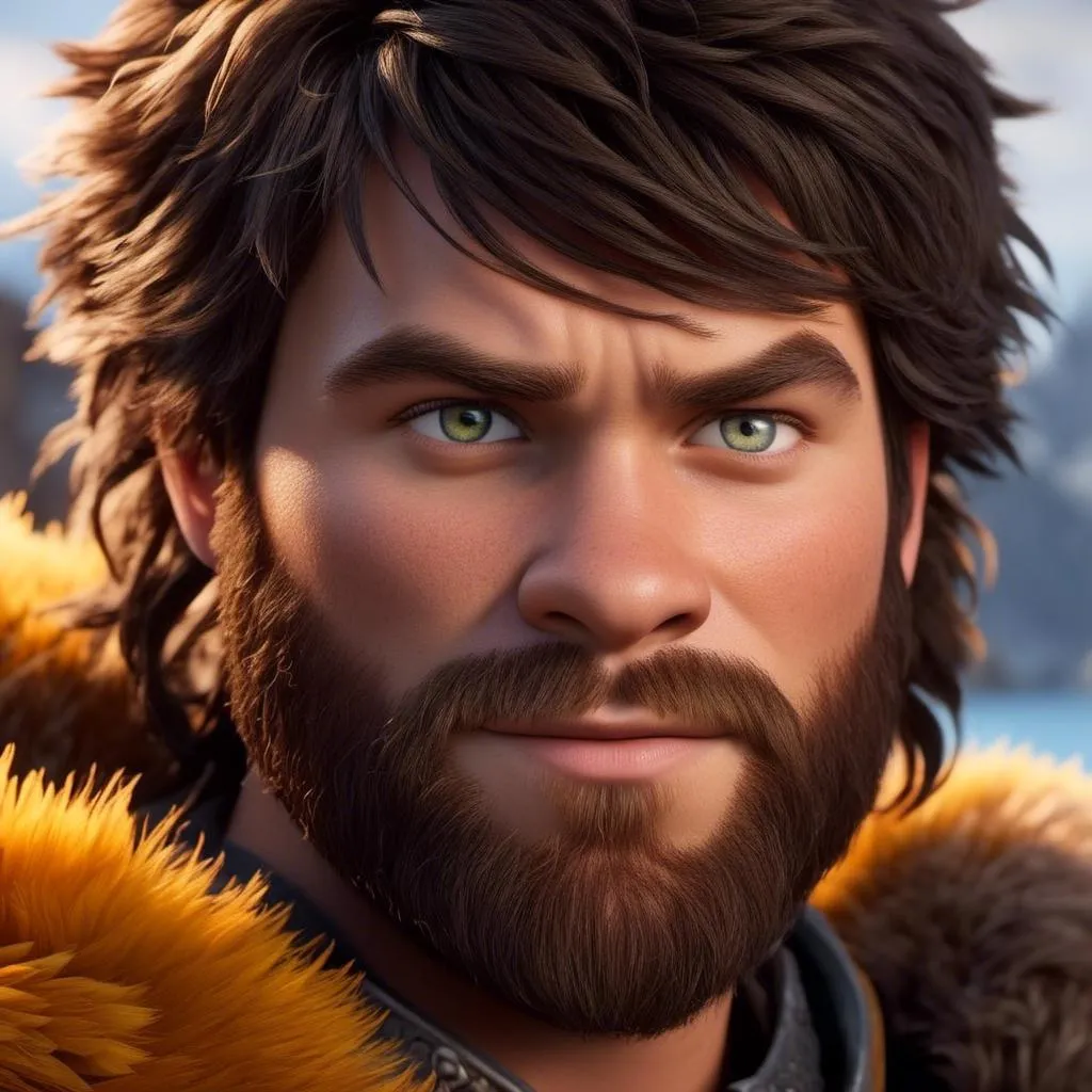 Prompt: <mymodel>Animated CGI style of a fierce Caucasian Viking with dark hair, intense gaze, realistic yellow armor with bursts of orange textures, high quality, CGI, realistic, intense gaze, viking, male, Caucasian, detailed facial features, fur textures, highres, professional, intense lighting