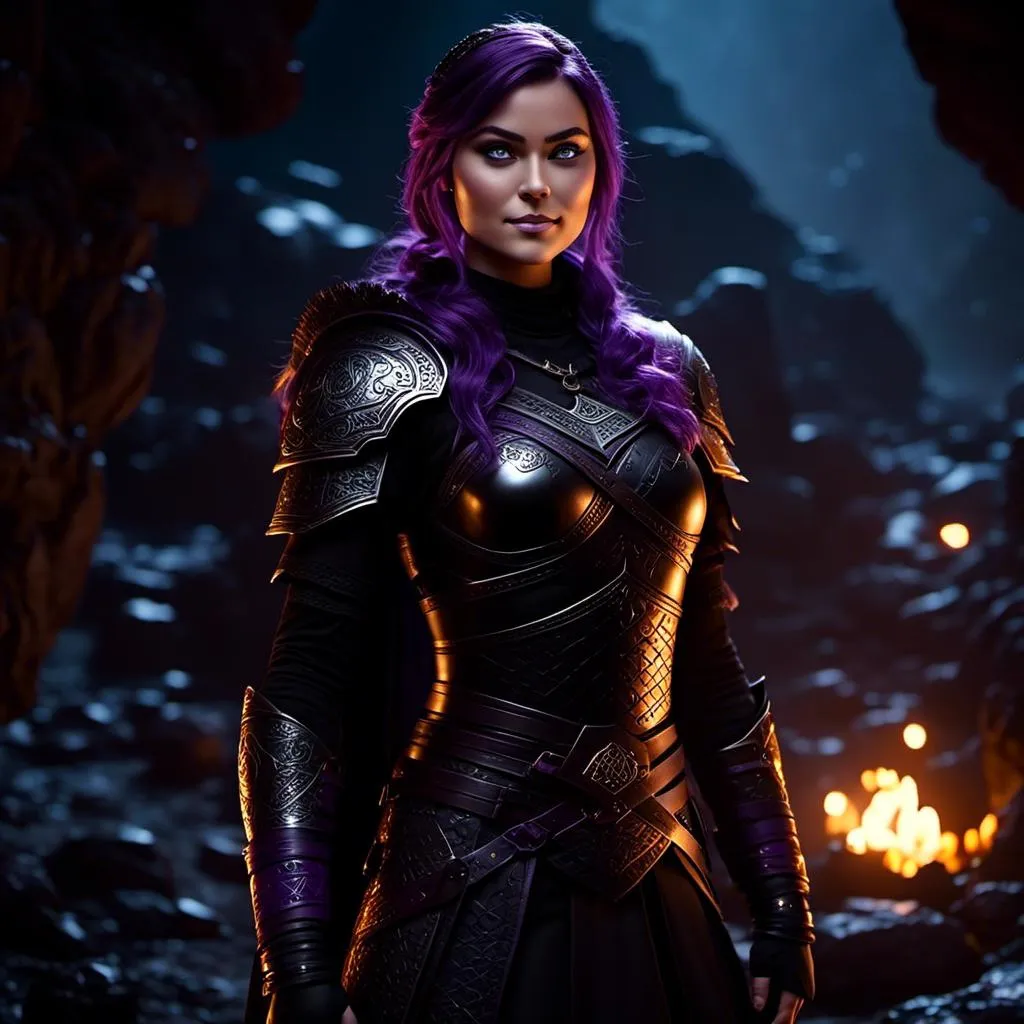 Prompt: <mymodel>25-year-old viking woman, subtle smile, light blue eyes, black gear, bright black armor, black textures and highlights, standing in the shadows of the a dark cave at night, short focus, blurry background, moonlit scene, unreal engine 8k octane, 3d lighting, full body, full armor