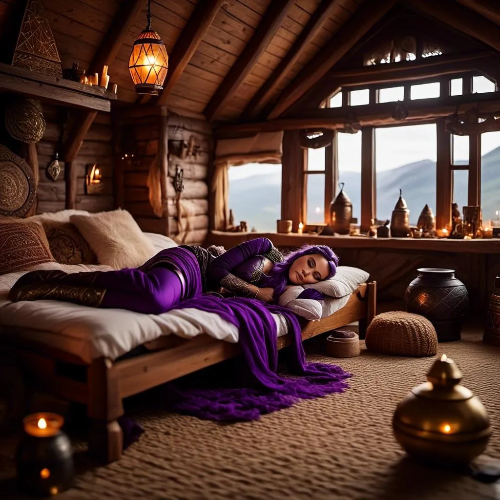 Prompt: Photo of <mymodel> lying down on her bed in her viking house