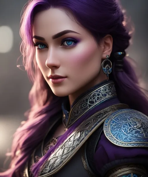 Prompt: she has dark purple hair, create most beautiful fictional female viking princess warrior, dark purple hair, light blue eyes, extremely detailed environment, detailed background, intricate, detailed skin, professionally color graded, photorealism, 8k, moody lighting