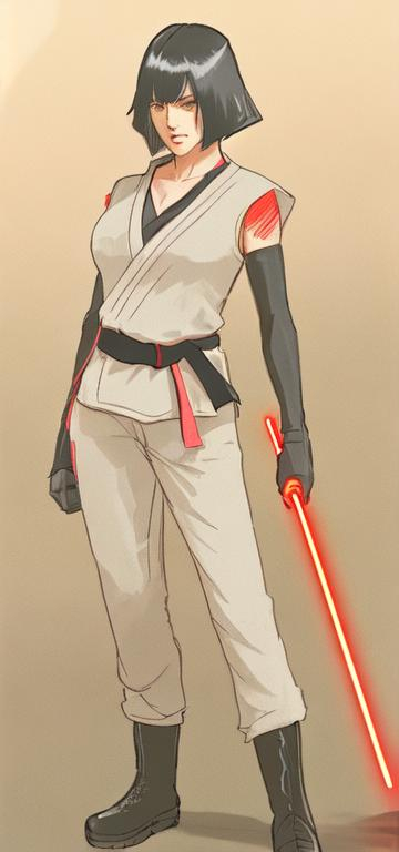 Prompt: A woman sith lord, black short-length hair, black short sleeve shirt, black vest past the waist, black belt, black pants, black boots, two lightsabers one red one light pink