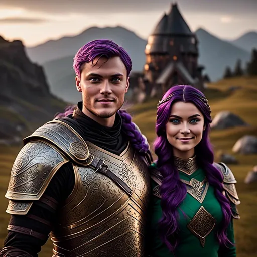 Prompt: Photo of <mymodel> standing next to her young husband Jarl Mollerson who has green gear and silver armor and short brown hair, she is slightly shorter than him