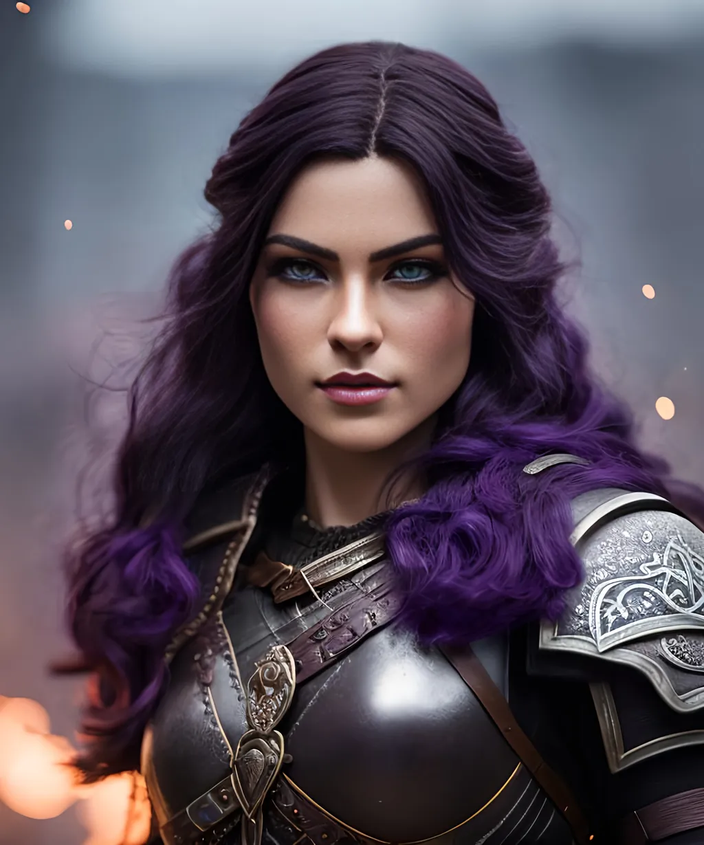 Prompt: she has dark purple hair, create most beautiful fictional female viking warrior, dark purple hair, light blue eyes, brown leather battle gear, extremely detailed environment, detailed background, intricate, detailed skin, professionally color graded, photorealism, 8k, moody lighting