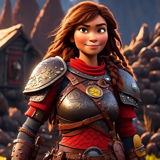 Prompt: <mymodel>CGI Animation of a viking female, brown hair in her face, hazel eyes, bright red gear and armor, yellow highlights and textures, standing in a viking village, intricate details, high quality, digital painting, cool tones, dramatic lighting